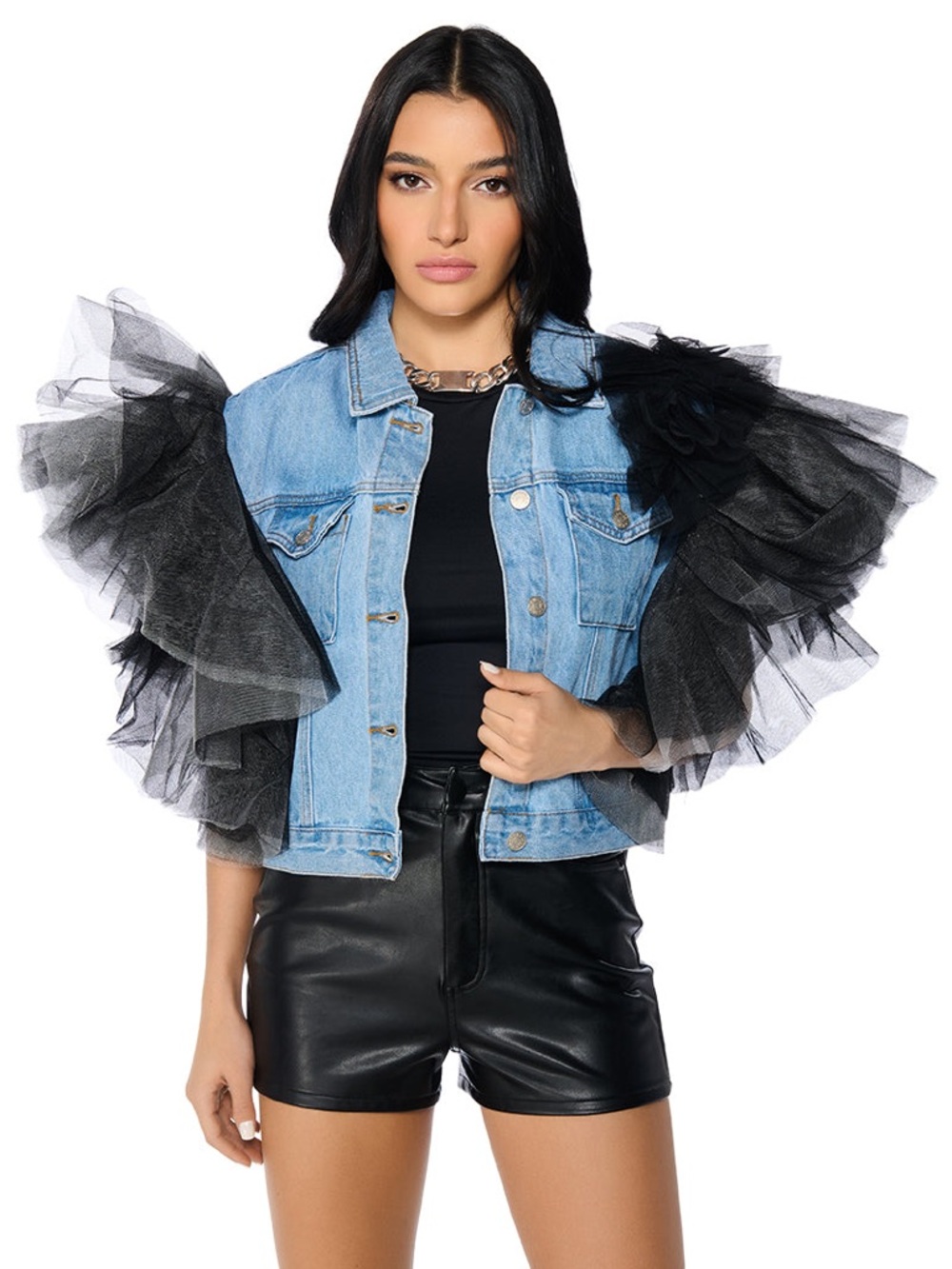 AKIRA Blue Denim Jean Jacket with Black Tulle Ruffled Sleeves - Picture 3 of 11